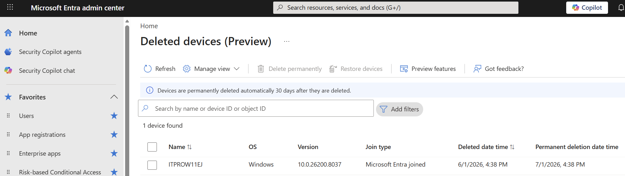 The Deleted devices (Preview) blade in the Microsoft Entra admin center, listing a soft-deleted device with its deleted date and its permanent deletion date