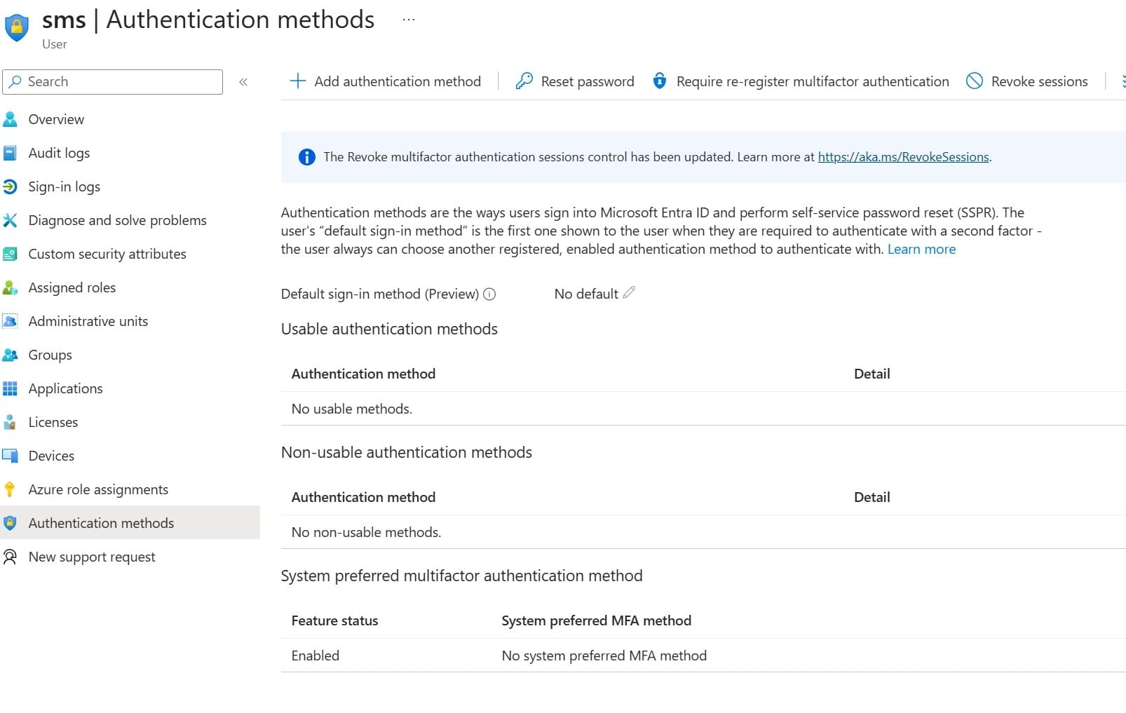 Authentication methods blade for the guest account, showing no usable and no non-usable methods