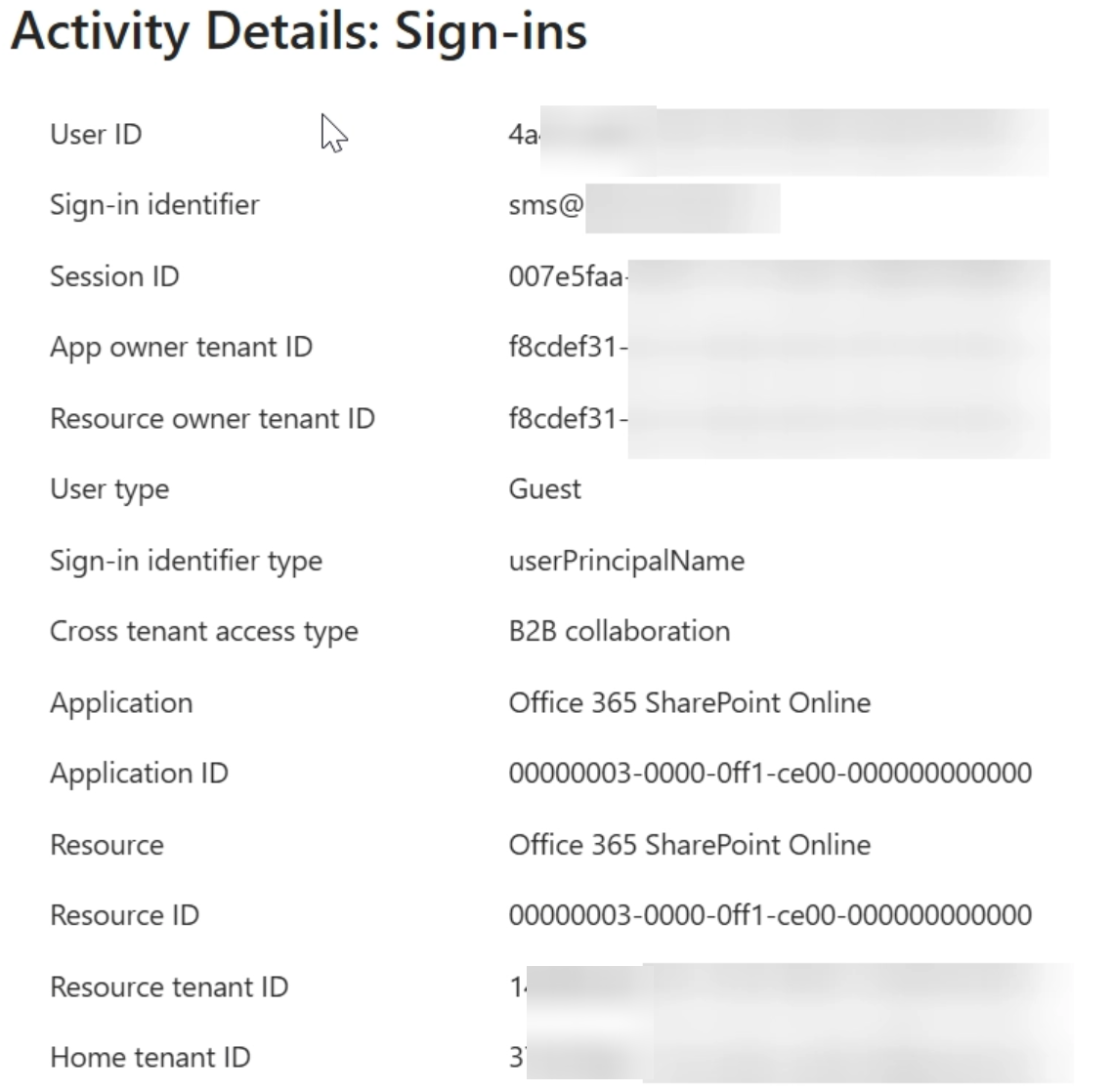 Sign-in activity details showing user type Guest, B2B collaboration, resource tenant ID and home tenant ID