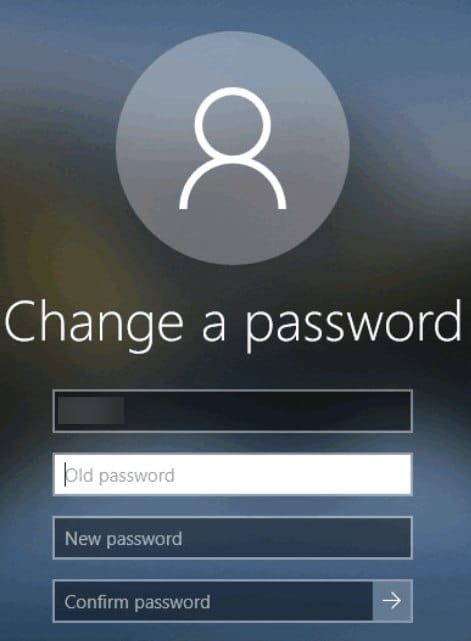 The native Windows Change a password screen, with the old password, new password and confirmation fields