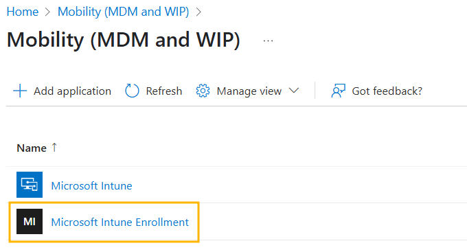 Microsoft Enrollment Example Missing Microsoft Intune Enrollment App in Microsoft Entra ID